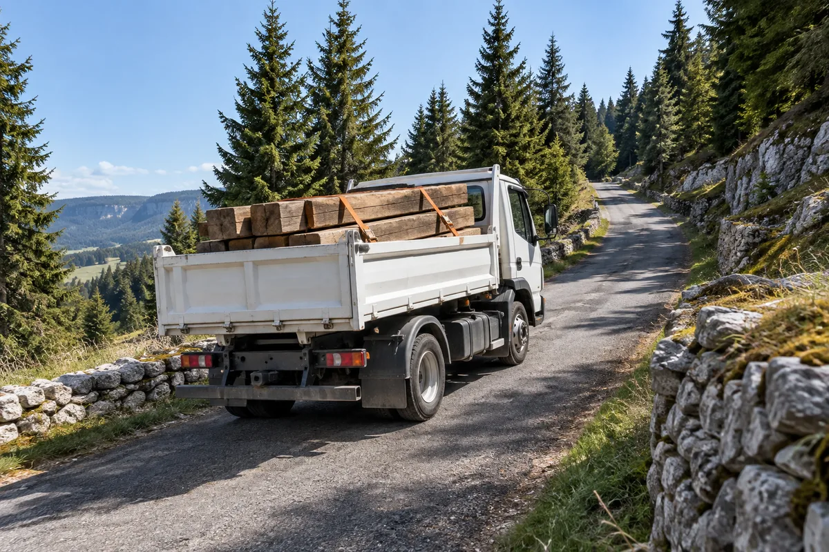 Camion benne chargé de bois de charpente sur une route de montagne