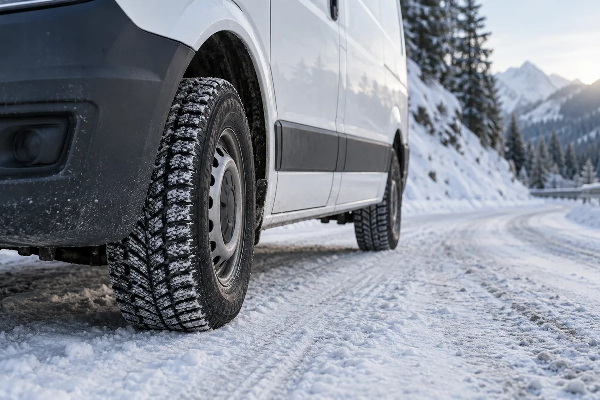 Pneu hiver d&rsquo;un utilitaire sur une route de montagne enneigée