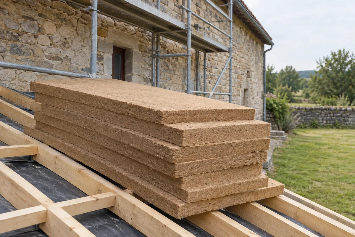 Panneaux de fibre de bois stockés au pied d&rsquo;un échafaudage