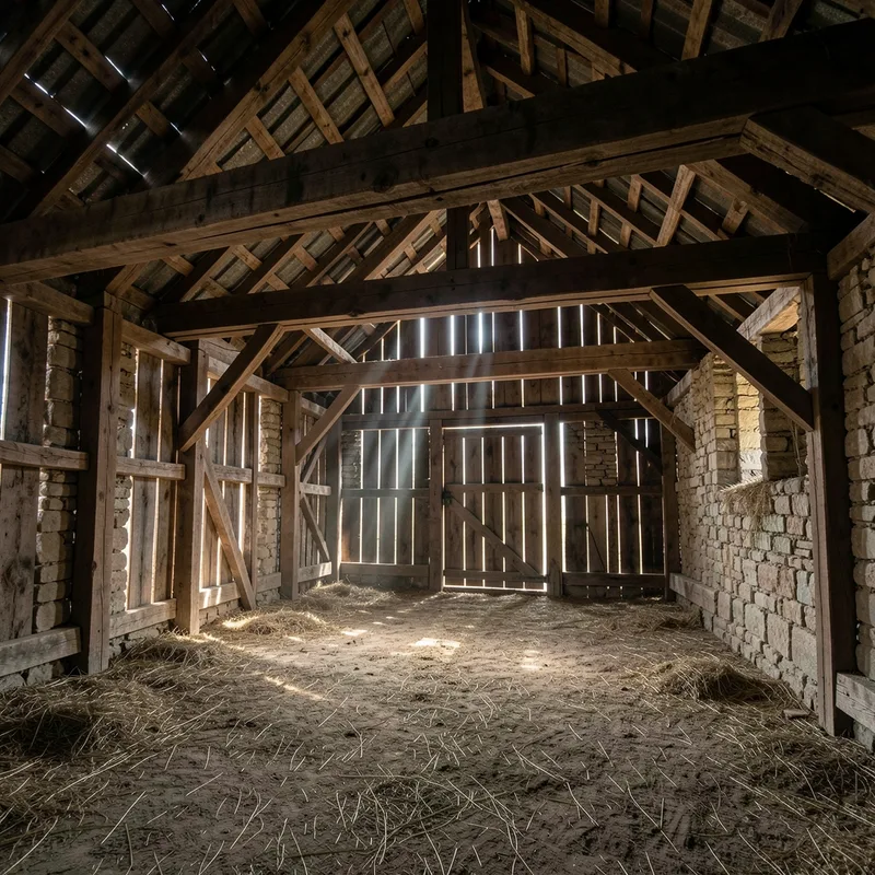 Intérieur de grange jurassienne, charpente apparente et lumière filtrant par les fentes du bardage