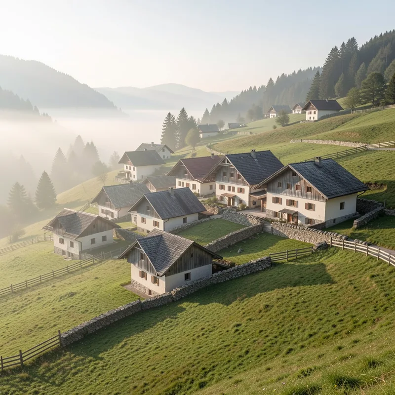 Hameau du Haut-Jura étagé à flanc de pente, toits larges et façades bardées de bois