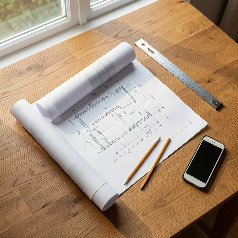 Tirages de plans, mètre ruban et crayon posés sur une table de bois près d’une fenêtre