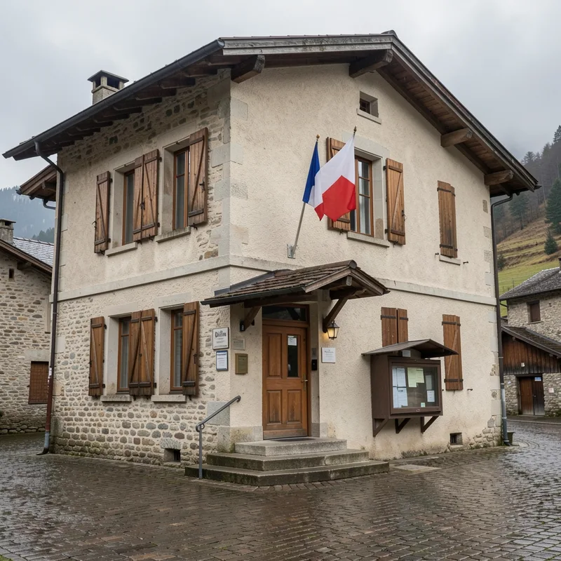 Façade d’une petite mairie de village jurassien, panneau d’affichage municipal sous l’auvent