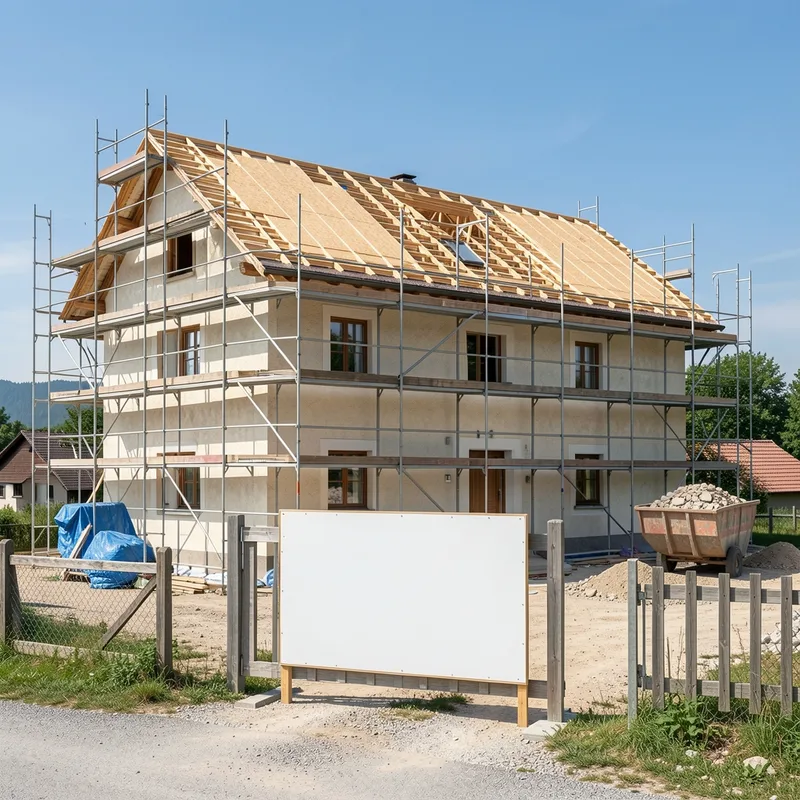 Échafaudage et panneau de chantier réglementaire devant une ferme en cours de rénovation