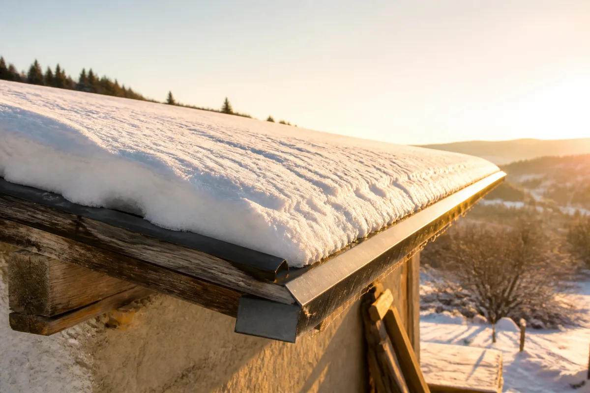 Toiture de ferme jurassienne à faible pente sous un manteau de neige tassée