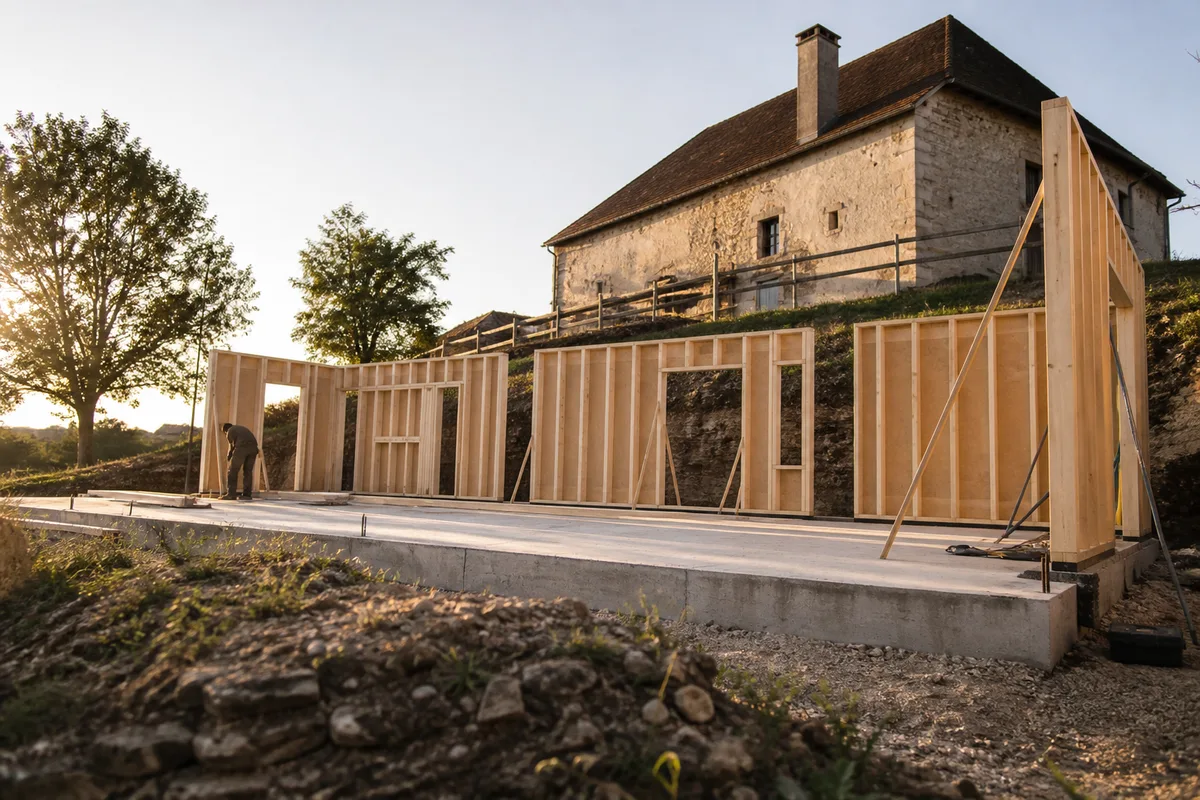 Panneaux d&rsquo;ossature bois levés sur une dalle en contrebas d&rsquo;une ferme jurassienne