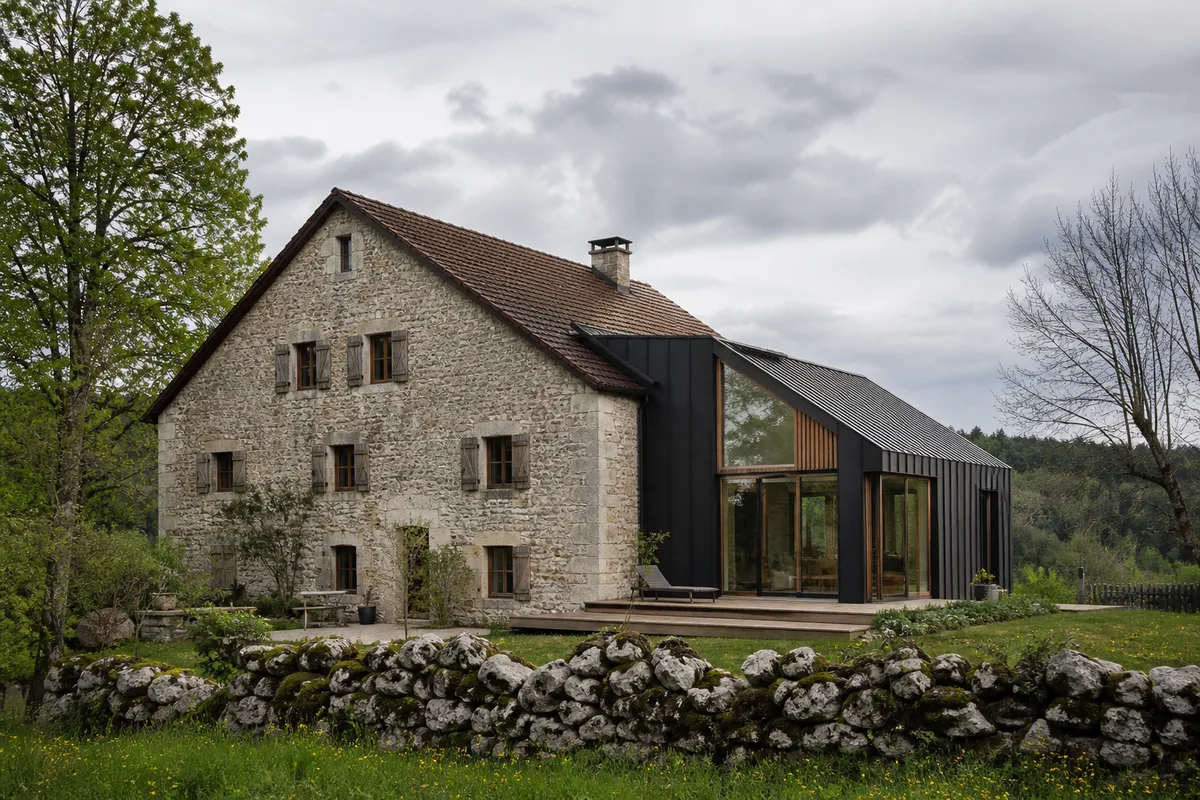 Extension contemporaine greffée sur le pignon d&rsquo;une maison ancienne en pierre du Haut-Jura