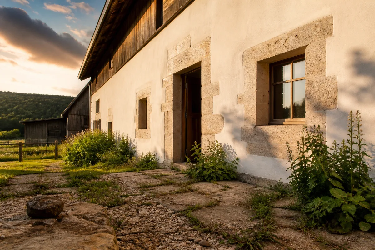 Façade de ferme jurassienne enduite à la chaux, encadrements de pierre calcaire apparents