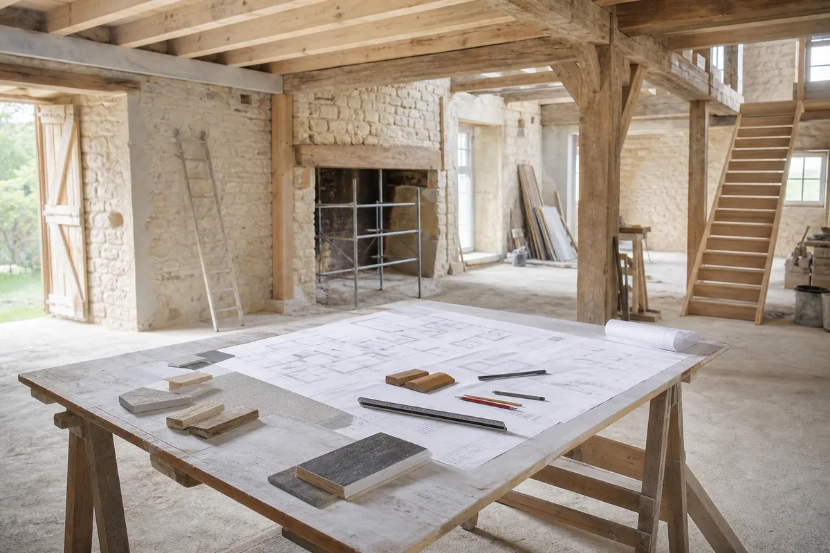 Plans de rénovation d’un corps de ferme étalés sur une table de chantier